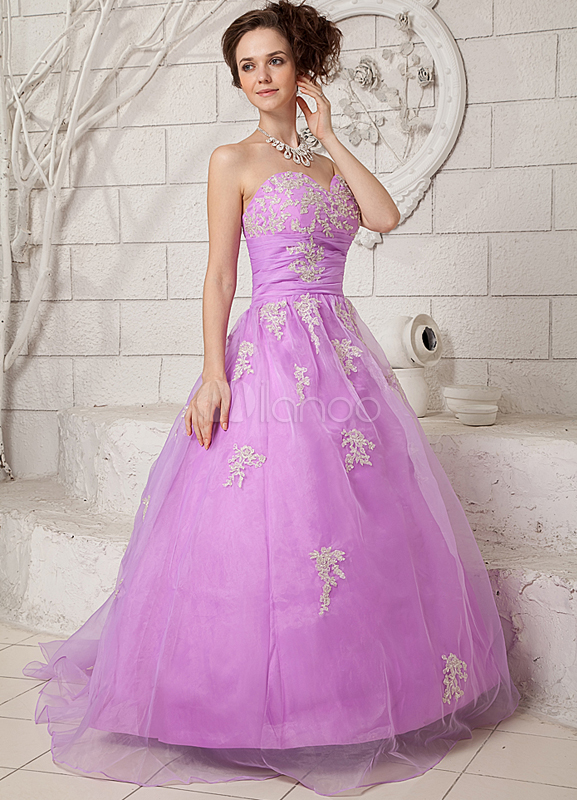Lilac Sweetheart Applique Organza Satin Woman's Ball Gown - Milanoo.com