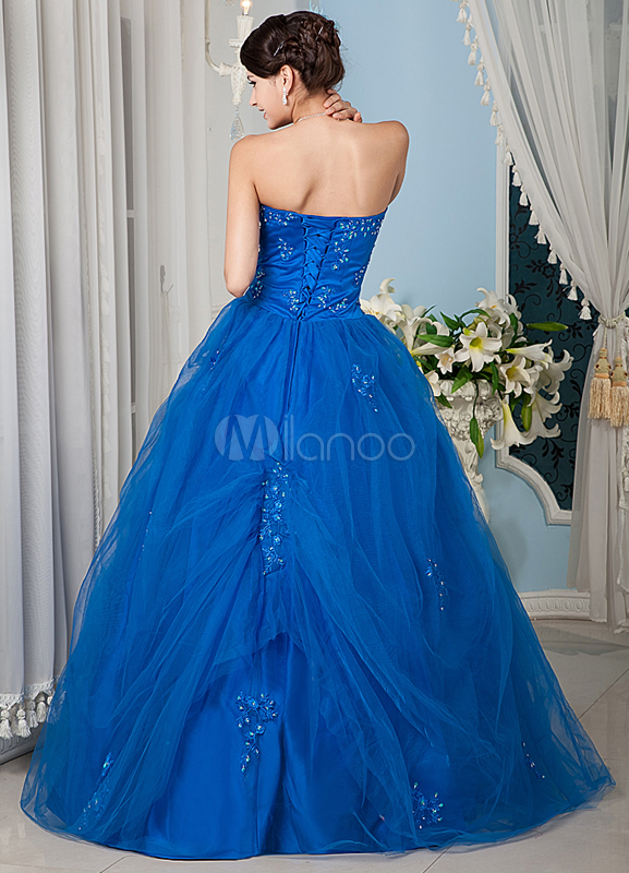 Royal Blue Strapless Floor Length Applique Satin Tulle ...