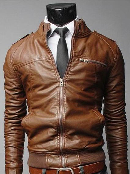 Cool Zipper Stand Collar PU Man's Jacket - Milanoo.com