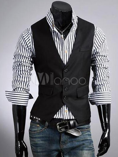 Deep V-neck Buttons Cotton Blend Men's Vest - Milanoo.com