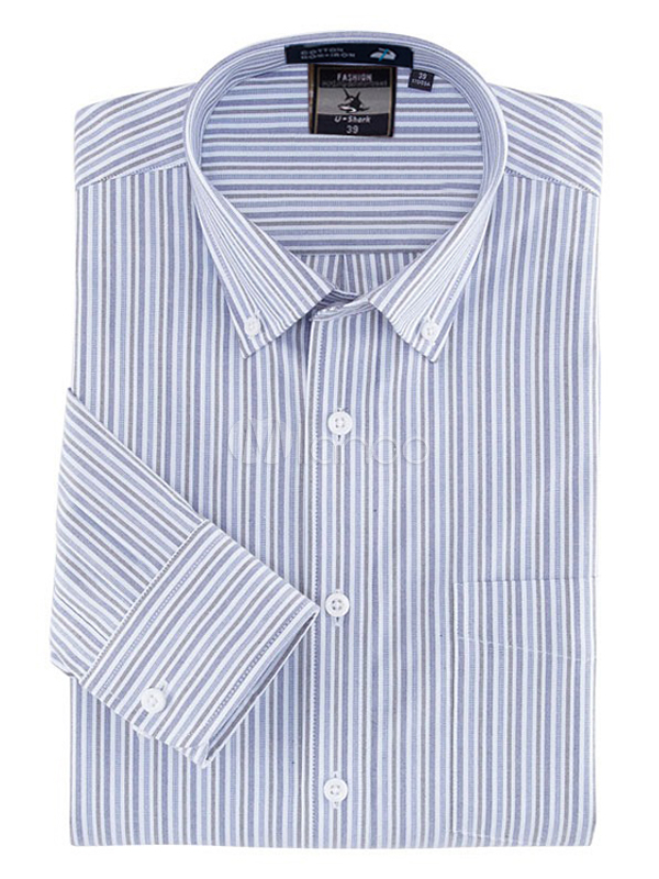 Blue Stripe Button Down Satin Men's Dress Shirt - Milanoo.com