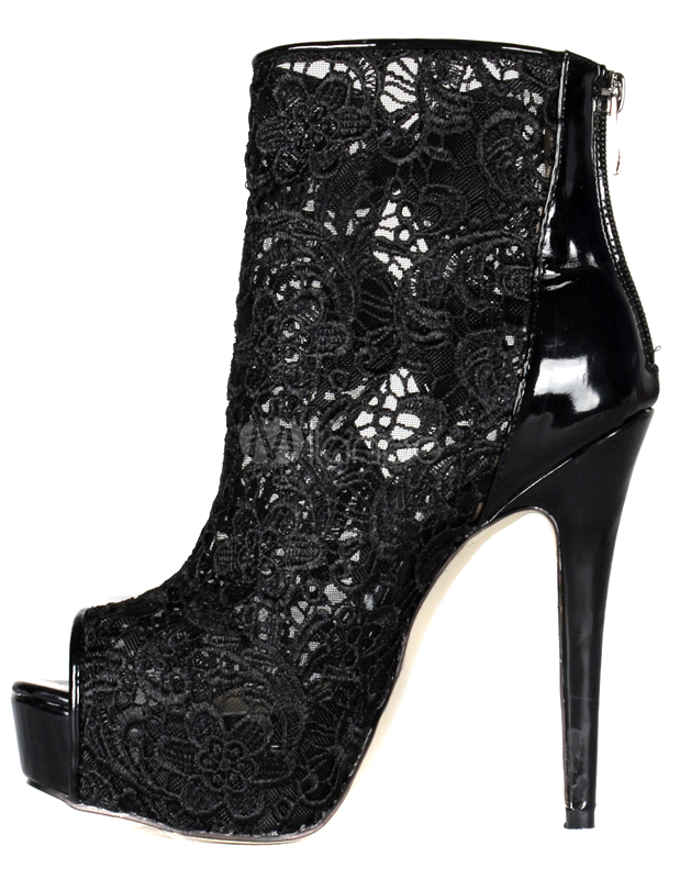 Black Peep Toe Spike Heel Lace High Heel Booties for Women - Milanoo.com