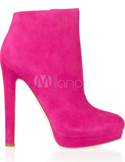 Rose Red Sweet Sheepskin 4 1/3'' High Heel Womens Short Boots - Milanoo.com