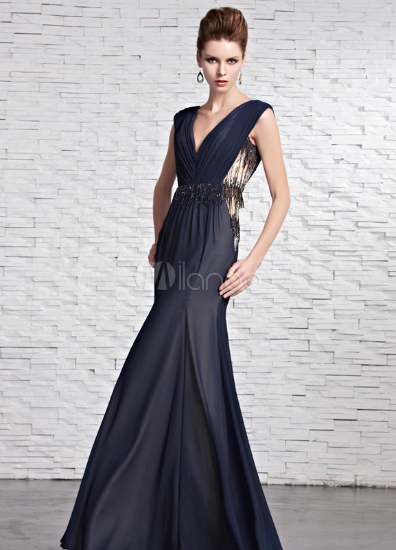 Attractive Royal Blue Chiffon Beading V Neck Sexy Evening Dress