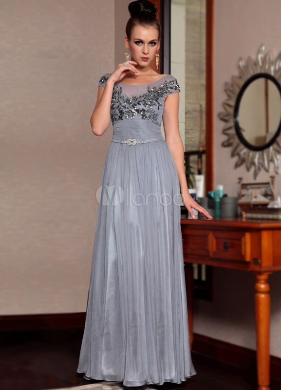 Fashion Deep Gray A-line Bateau Neck Sequin Polyester Prom Dress ...