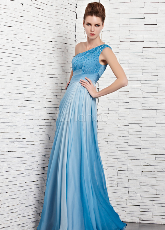 Light Sky Blue One-Shoulder A-line Beading Matte Satin Prom Dress ...