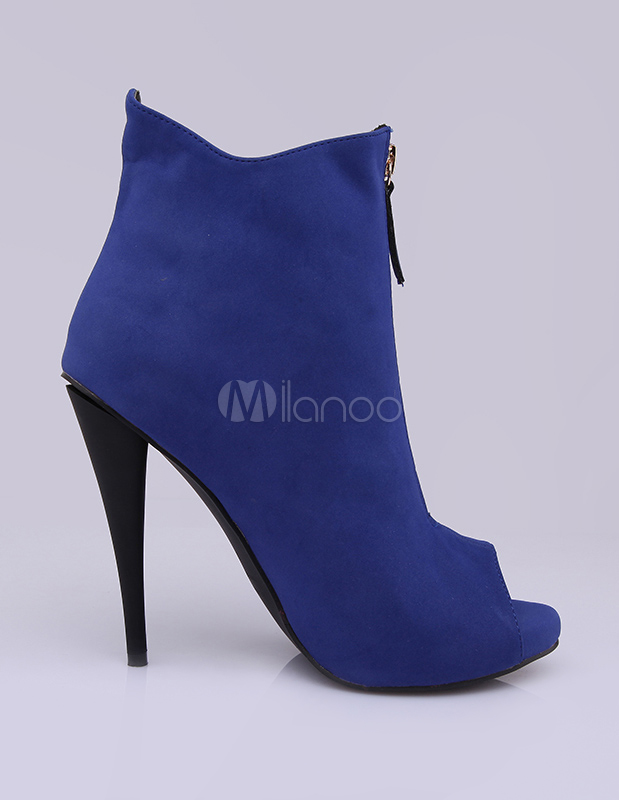 Royal Blue Peep Toe Monogram Suede Stiletto High Heel Booties For Women 1117