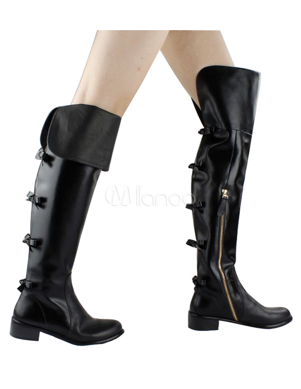 Sweet Black Cow Leather Bow Over The Knee Boots - Milanoo.com