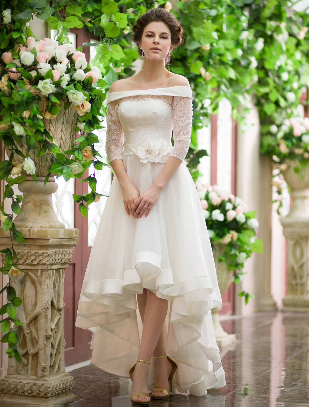 Robe De Mariée A Ligne 2020 Haute Basse Sur Lépaule Robe De Mariée En Organza Moitié Manches Fleur Sash Robe De Mariée Milanoo