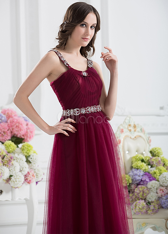 Vestido de noche de color borgoña con tirantes de línea A hasta el suelo -  Milanoo.com