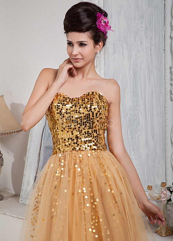 Golden Sweetheart Sequin Satin Net Prom Dress
