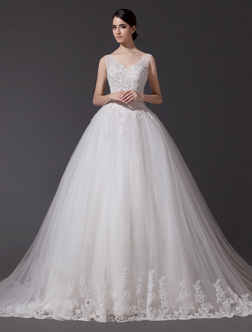 Wedding Dresses V Neck Lace Applique Bridal Gown Sequin Beading