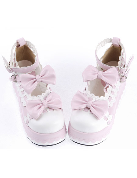 Costumes Lolita | Sweet Lolita High Platform Lolita Shoes Bow Decor Ankle Straps with Trim - IE13382