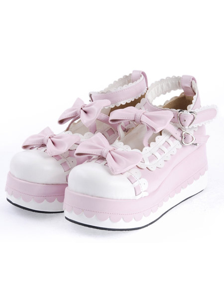 Costumes Lolita | Sweet Lolita High Platform Lolita Shoes Bow Decor Ankle Straps with Trim - IE13382