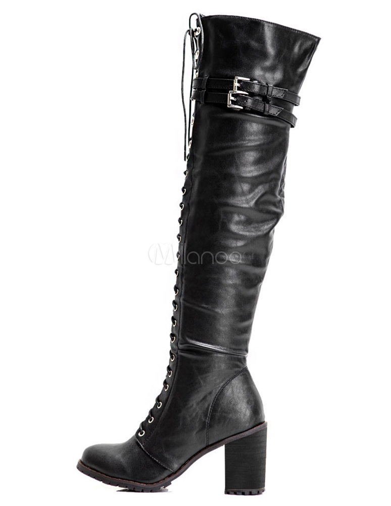 Black Round Toe Grommets PU Leather Modern Over the Knee Boots for