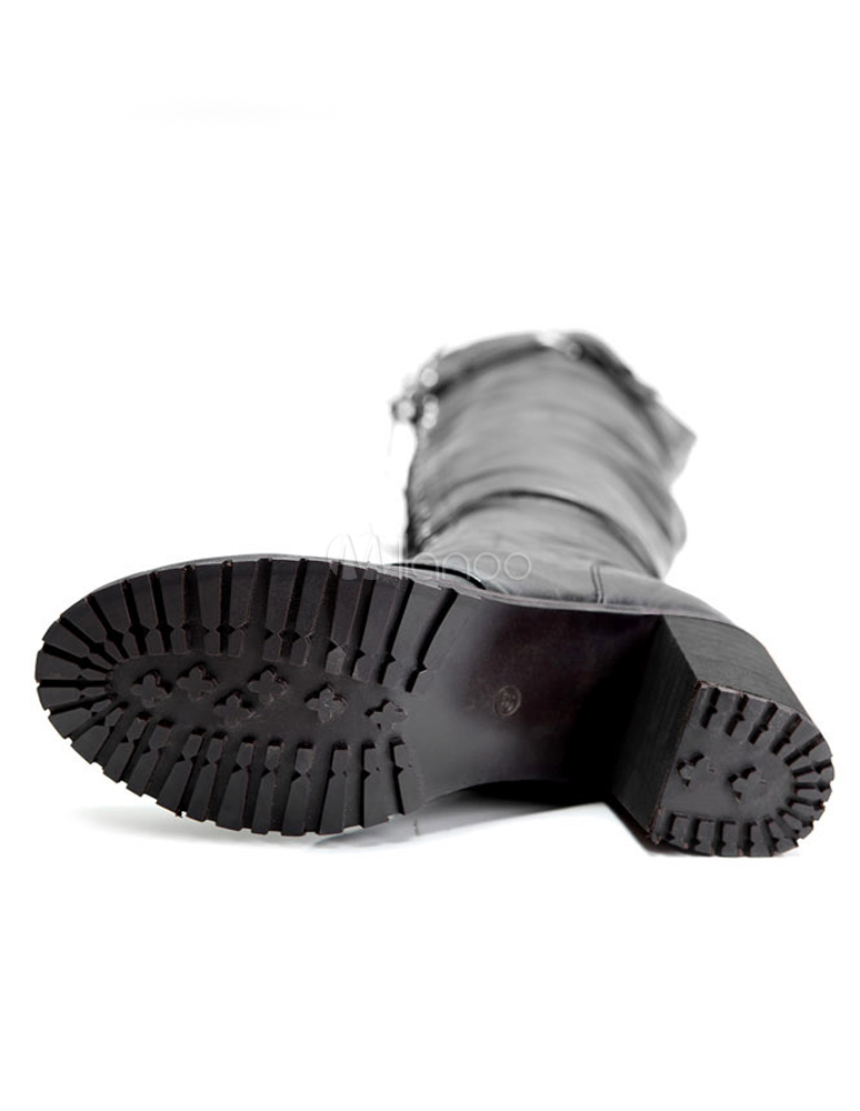 Black Round Toe Grommets PU Leather Modern Over the Knee Boots for