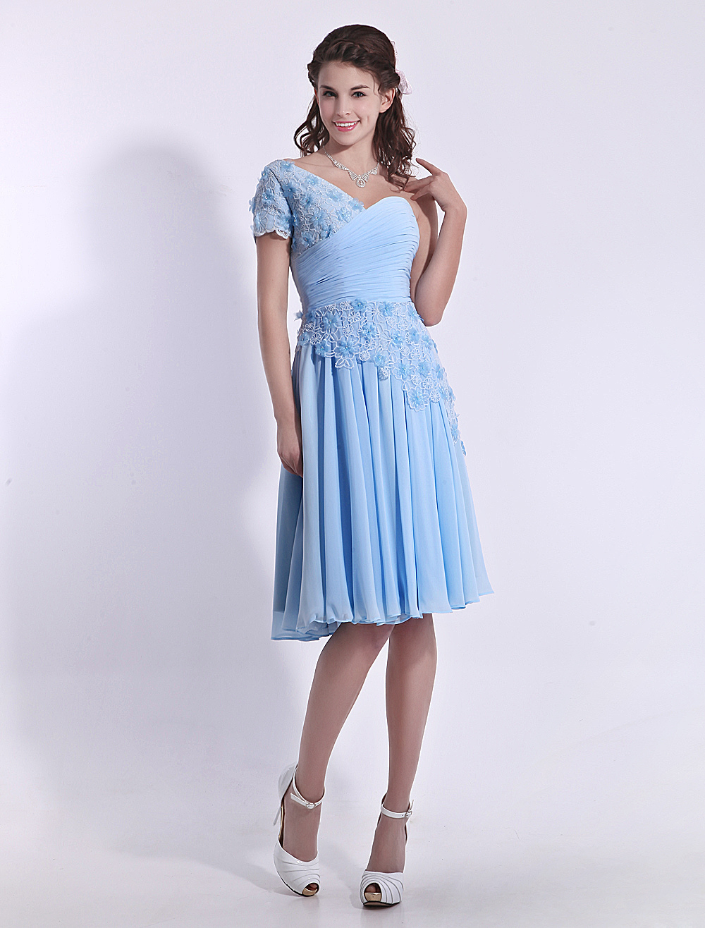 Baby Blue Bridesmaid Dress Lace Applique Beaded Prom Dress Chiffon One ...