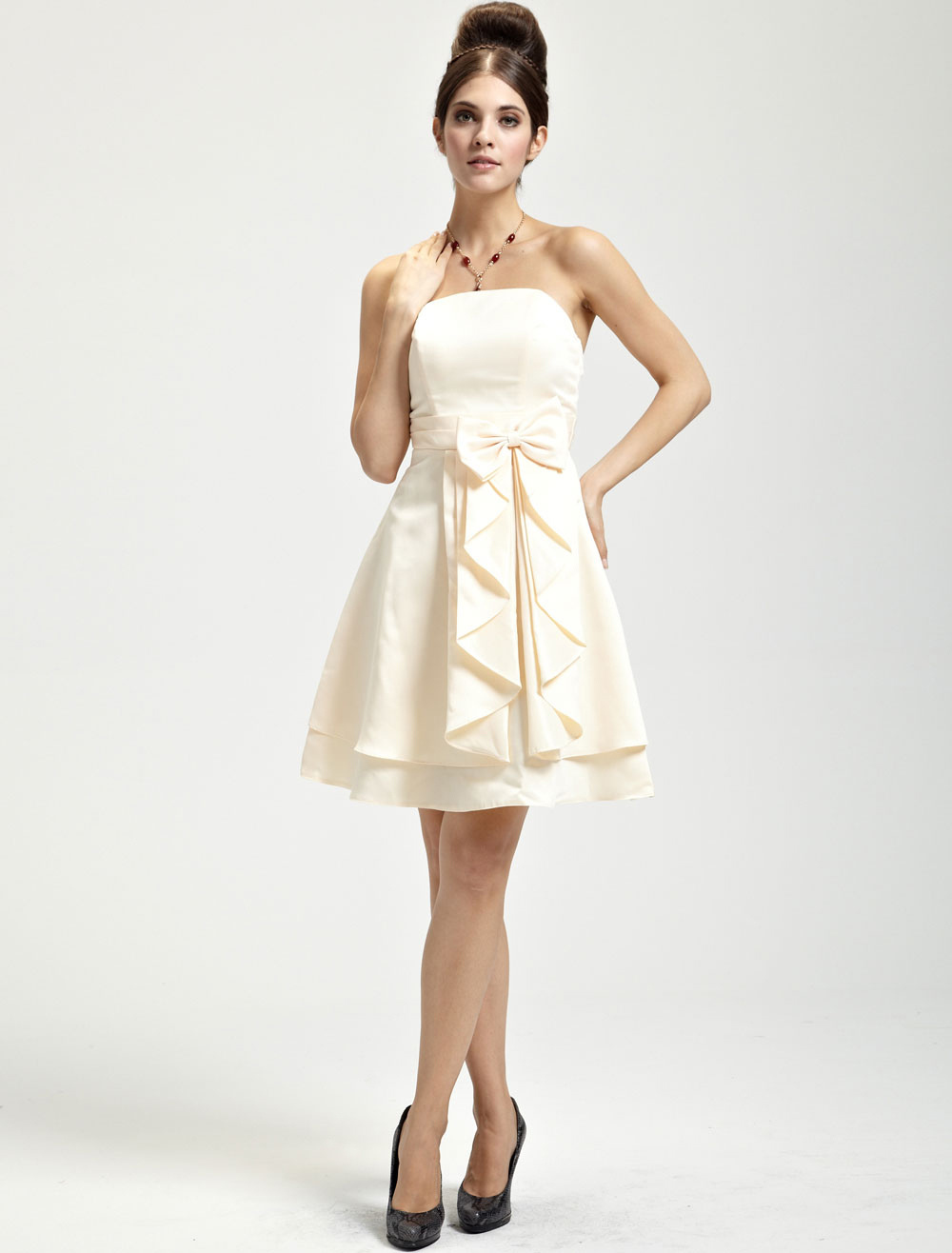 Gold Champagne Satin Strapless Knee Length Bridesmaid Dress - Milanoo.com