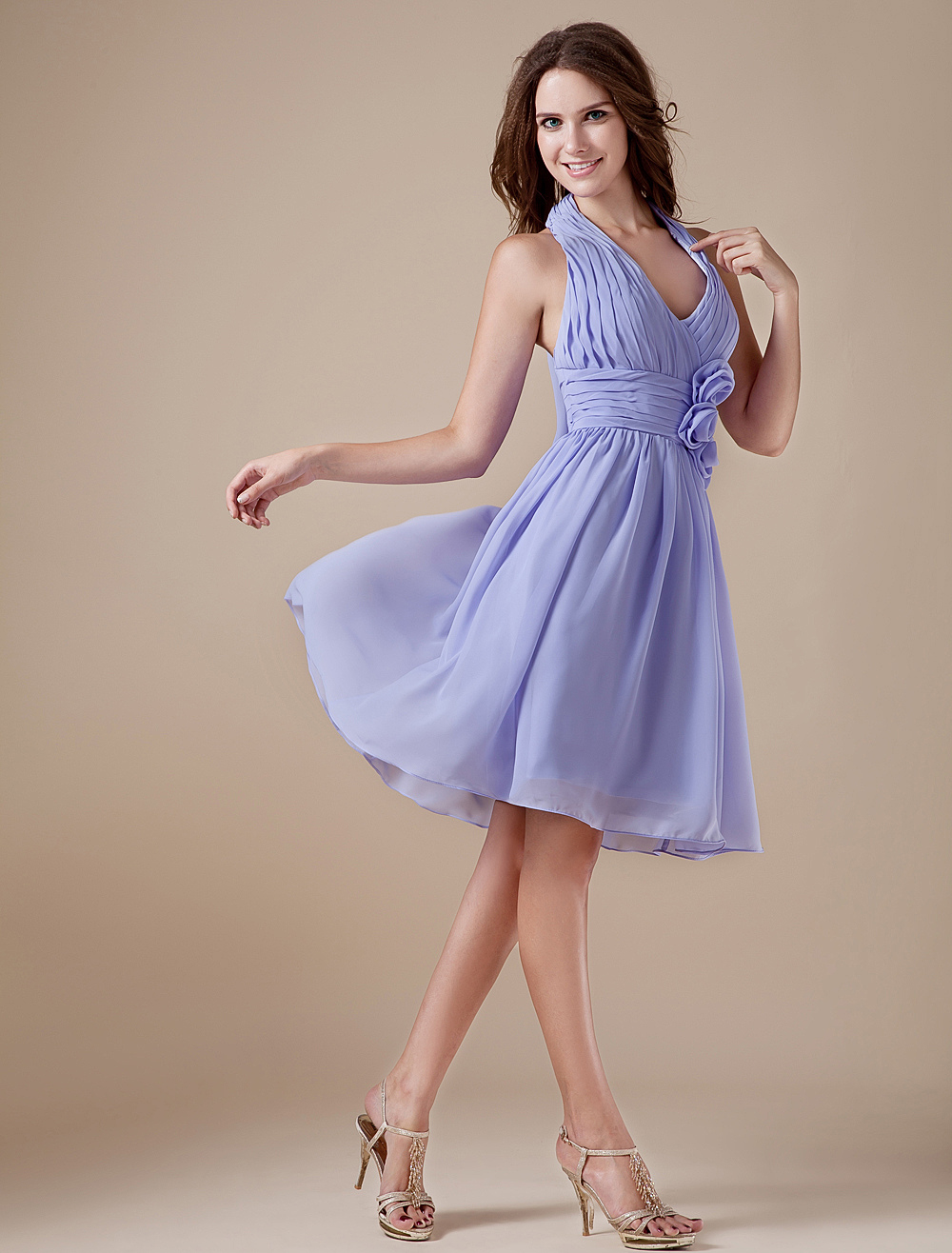 V Neck Chiffon Knee Length Womens Bridesmaid Dress 8284