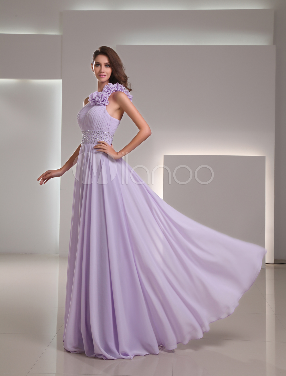 Lilac Chiffon Floor-Length Prom Dress With One-Shoulder - Milanoo.com