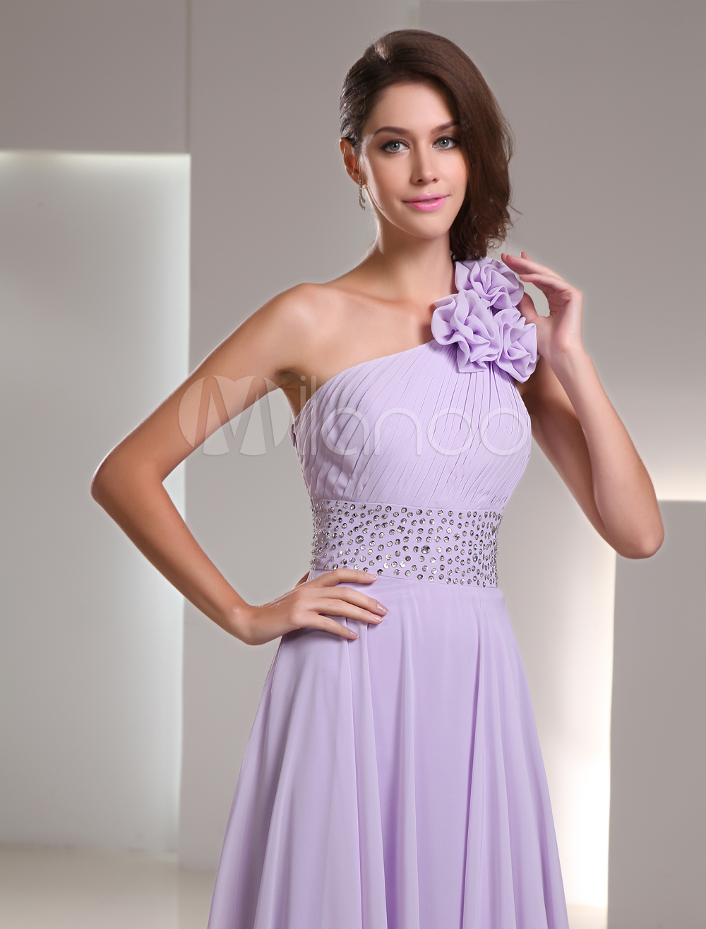 Lilac Chiffon Floor-Length Prom Dress With One-Shoulder - Milanoo.com