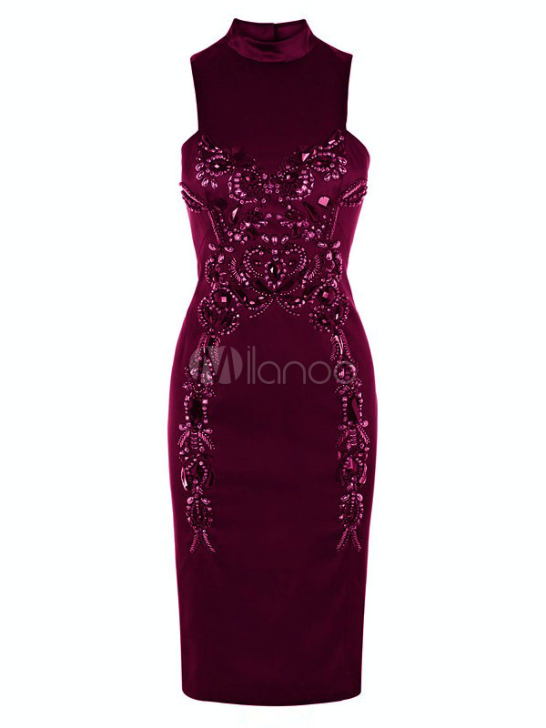 Sexy Purple Beading Sleeveless Sexy Bodycon Dress 4583