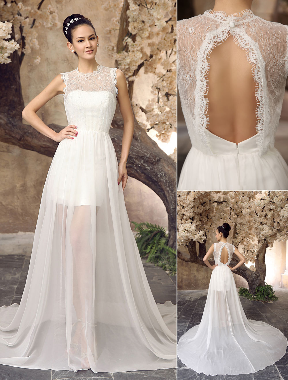 Ivory A Line Jewel Neck Semi Sheer Lace Destination Wedding Dress