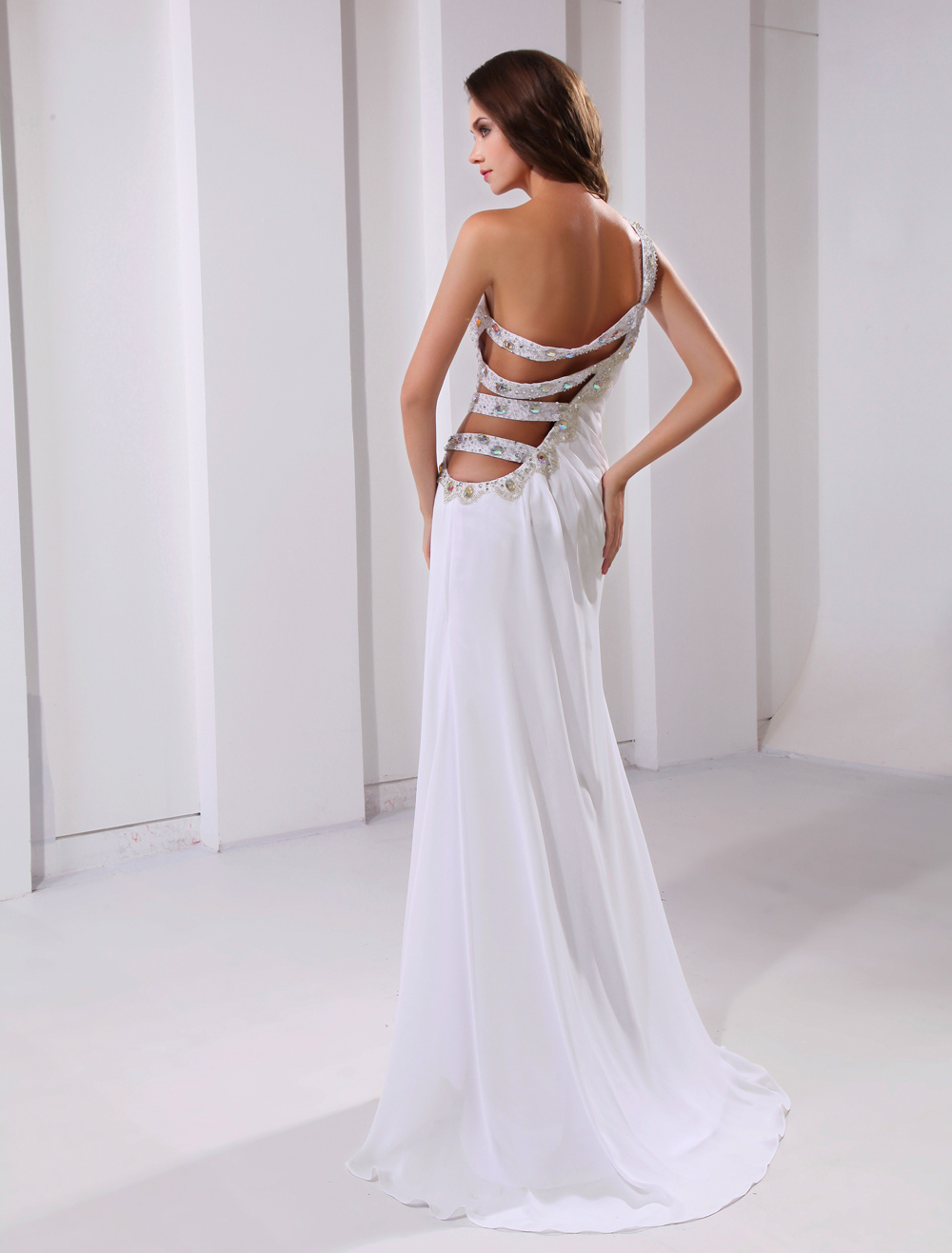 Sexy White Chiffon One Shoulder Cut Out Sweep Prom Dress 8832