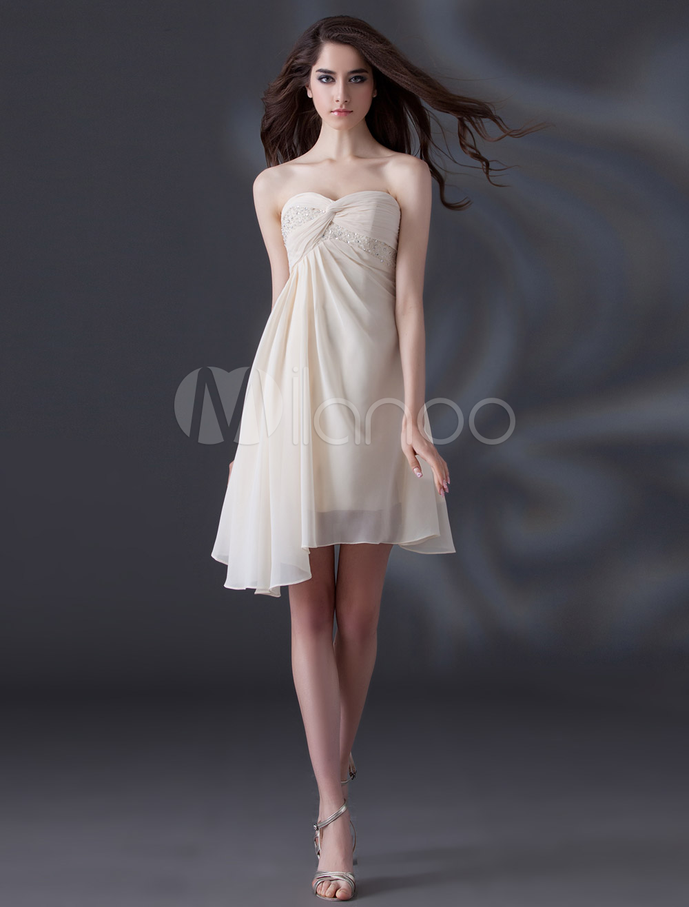 Champagne A-line Strapless Beading Chiffon Cocktail Dress - Milanoo.com