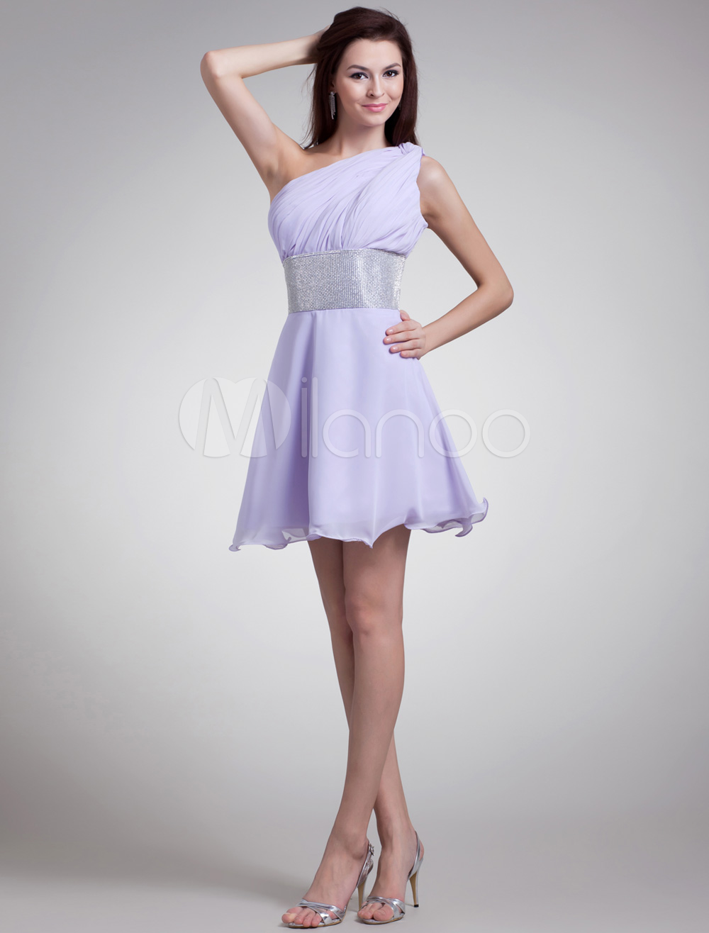 Violet Prom Dress One Shoulder Short Chiffon Cocktail Dress Wide Shining Waist Back Design 6748