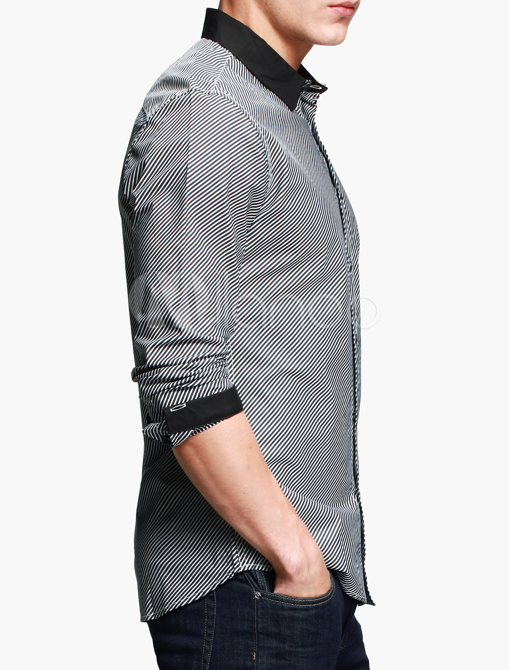 Gray Spread Neck Long Sleeves TwoTone Pure Cotton Men's Casual Shirt
