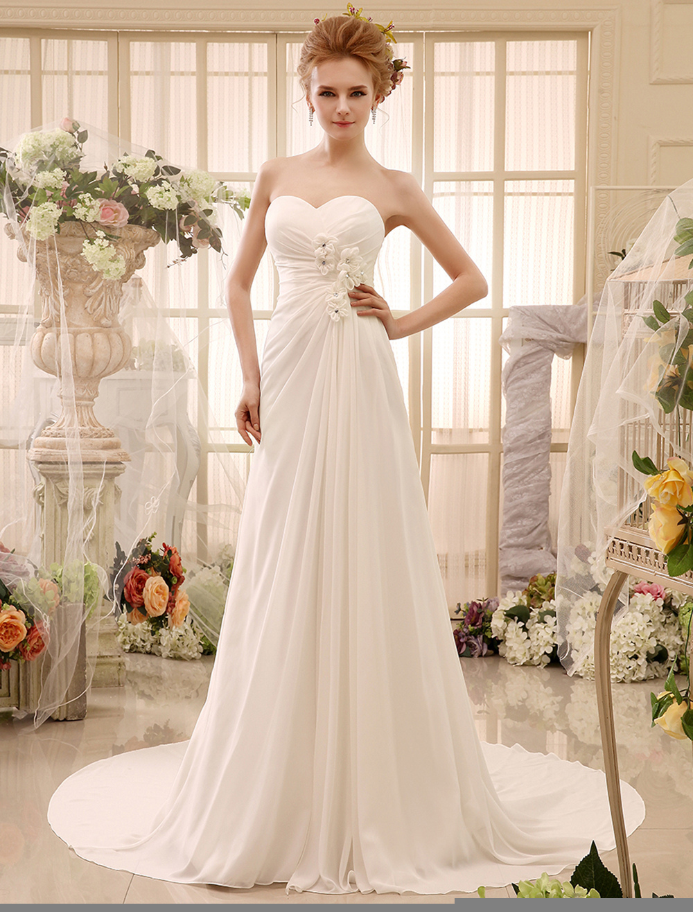 Aline Chapel Train Ivory Strapless Wedding Dress For Bride with Lovely
