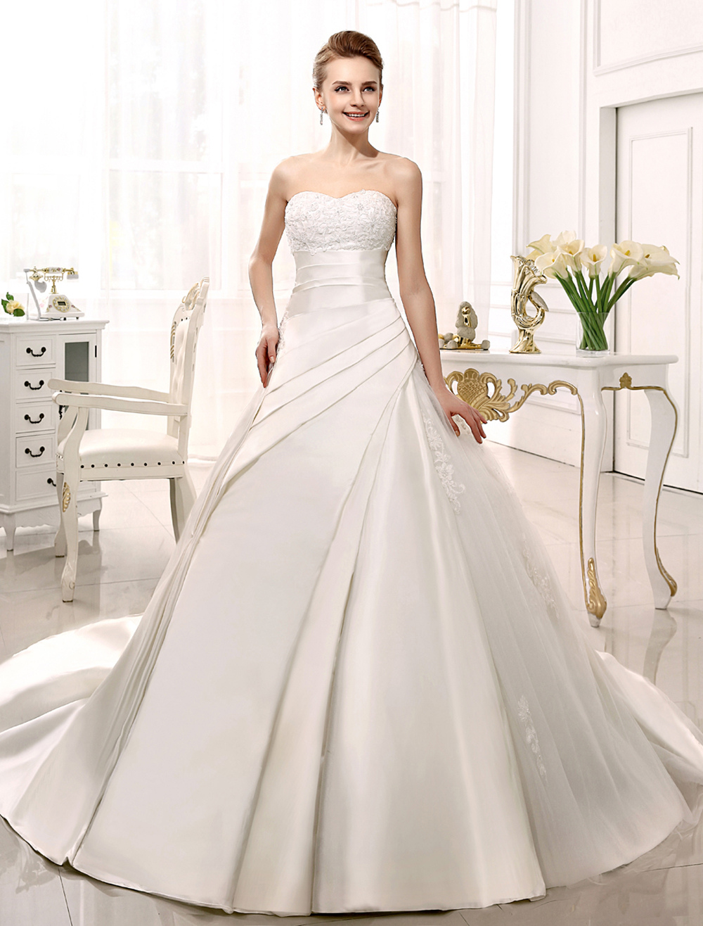 Ivory Backless Strapless Lace Satin Bridal Wedding Gown Milanoo ...