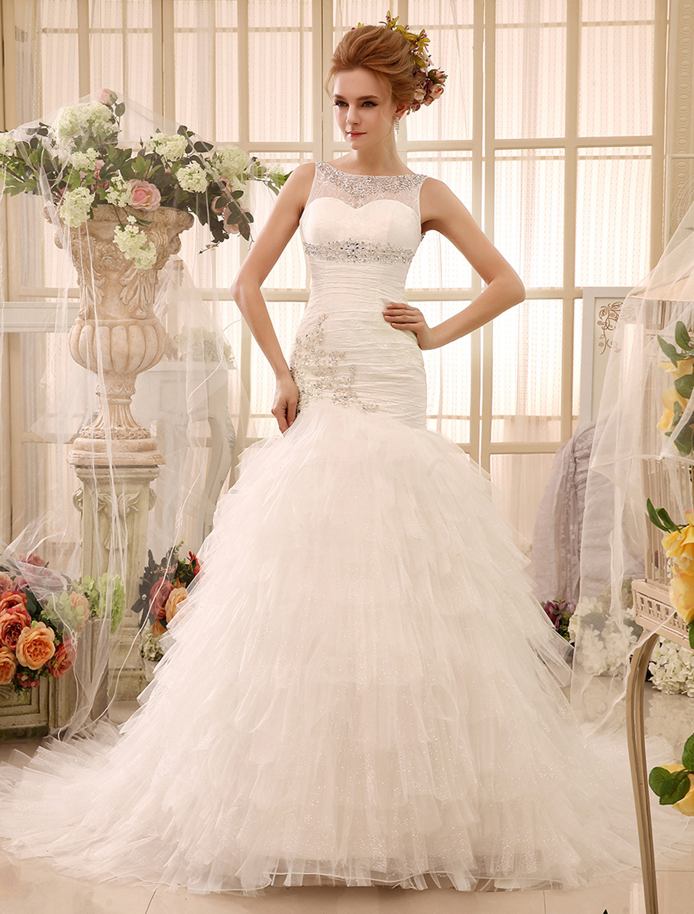 Mermaid Chapel Train Rhinestone Ivory Brides Wedding Dress with Jewel