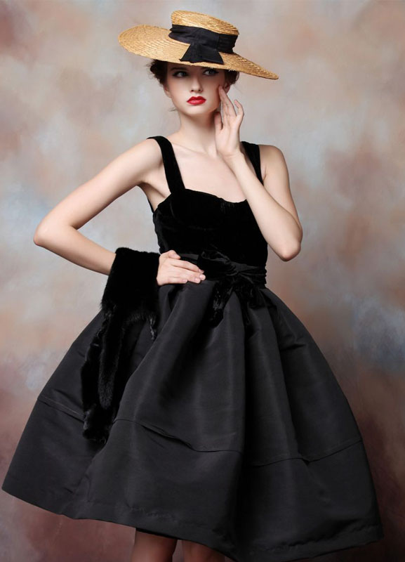 A-line Black Satin Straps Knee-Length Cocktail Dress For Women ...