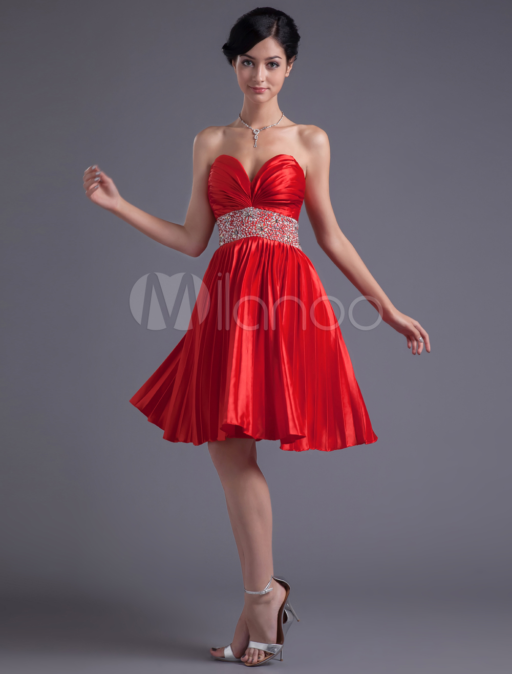 A-line Sweetheart Neck Rhinestone Red Knee-Length Homecoming Dress ...