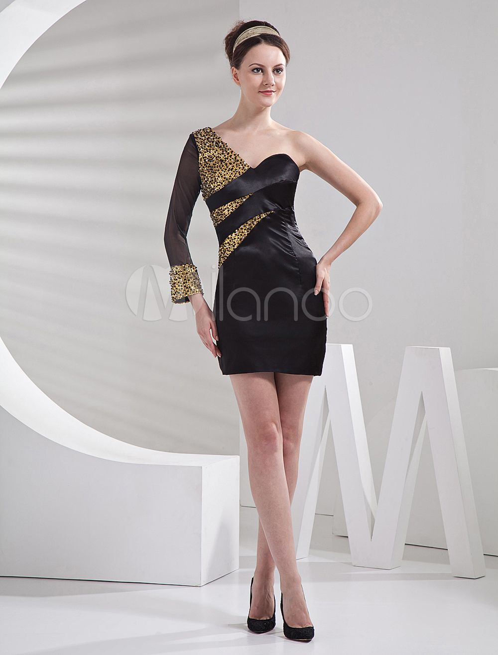 Black OneShoulder Mini Length Sequin Cocktail Dress