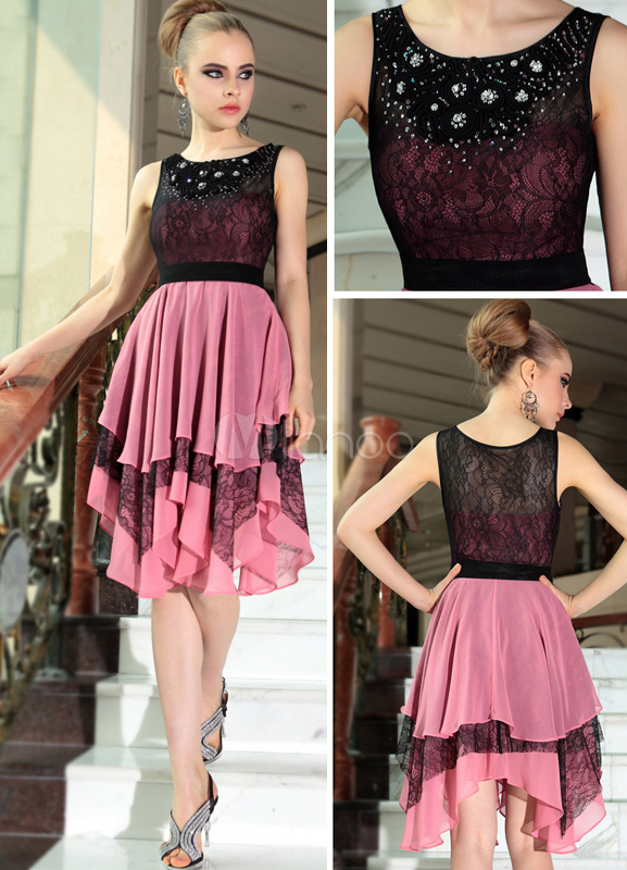 Fashion Candy Pink Aline Lace Cocktail Dress