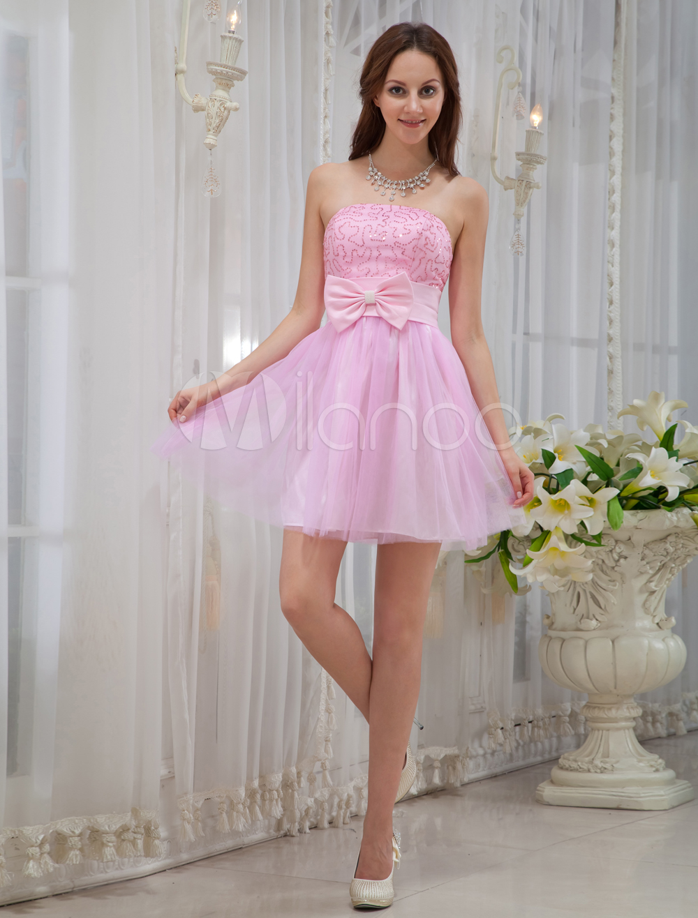 Pink Strapless Homecoming Dress with Sequin Details - Milanoo.com