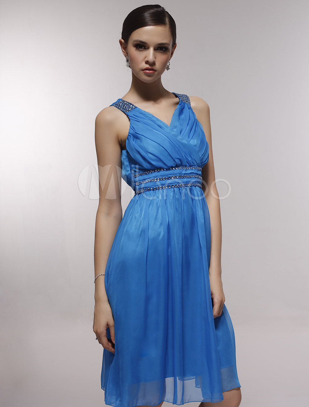 Pretty White Satin Gauze V-neck Knee-length Graduation Dress - Milanoo.com