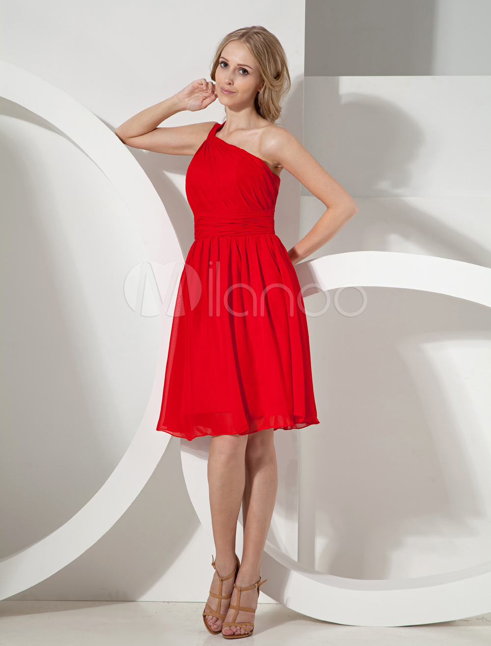 Red Cocktail Dress Knee-Length One-Shoulder Backless Chiffon Dress ...