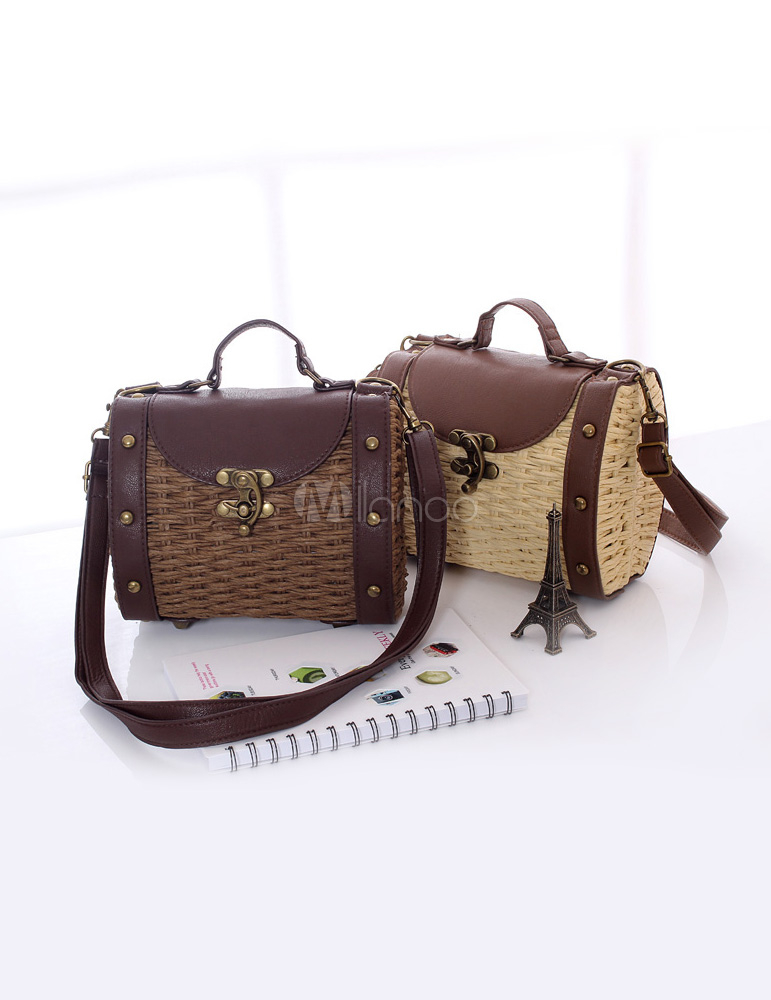 Vintage Studded Wicker and Rattan Shoulder Bag For Woman