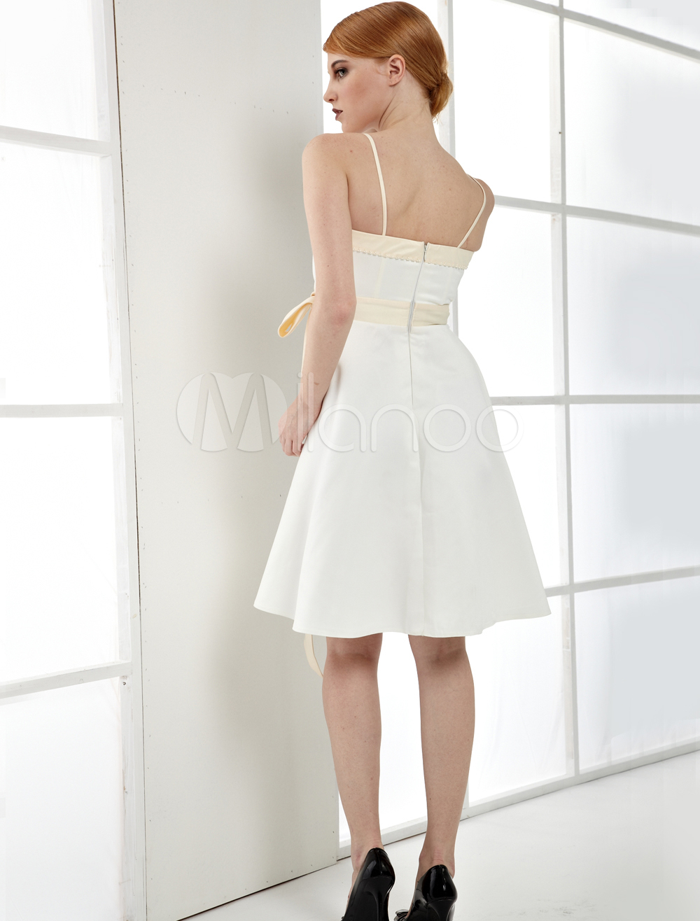 White Satin Spaghetti Sash Knee Length Cocktail Dress