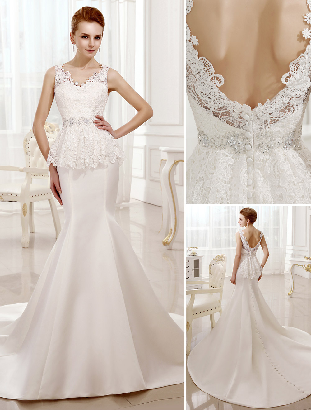 Mermaid Chapel Train Beading Ivory Bridal Wedding Dress with V-Neck ...