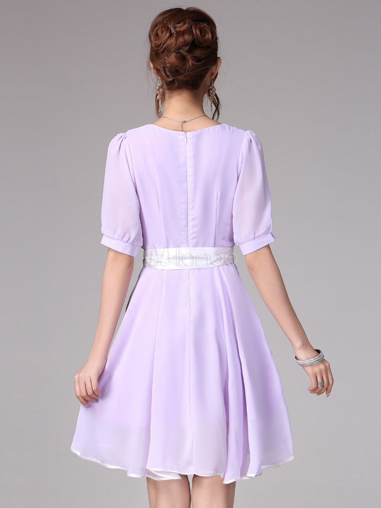 Lavender Short Sleeves Chiffon Fashion Womens Skater Dress