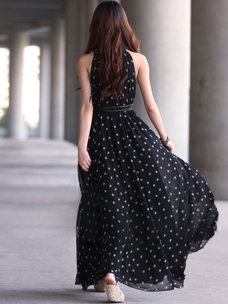 Black Polka Dot Sleeveless Belted Chiffon Womens Party Dress - Milanoo.com