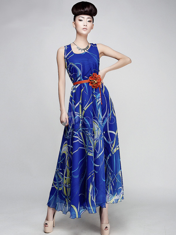 Blue Printed Shaping Chiffon Maxi Dress - Milanoo.com