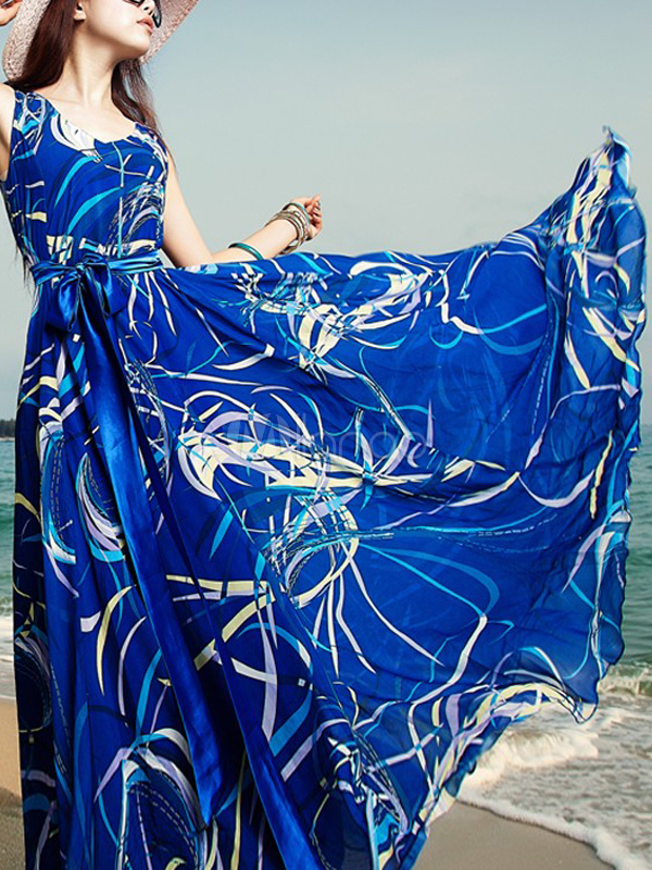 Blue Printed Shaping Chiffon Maxi Dress - Milanoo.com