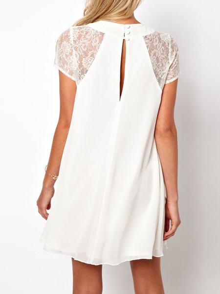 White Lace Shoulder Chiffon Dress - Milanoo.com