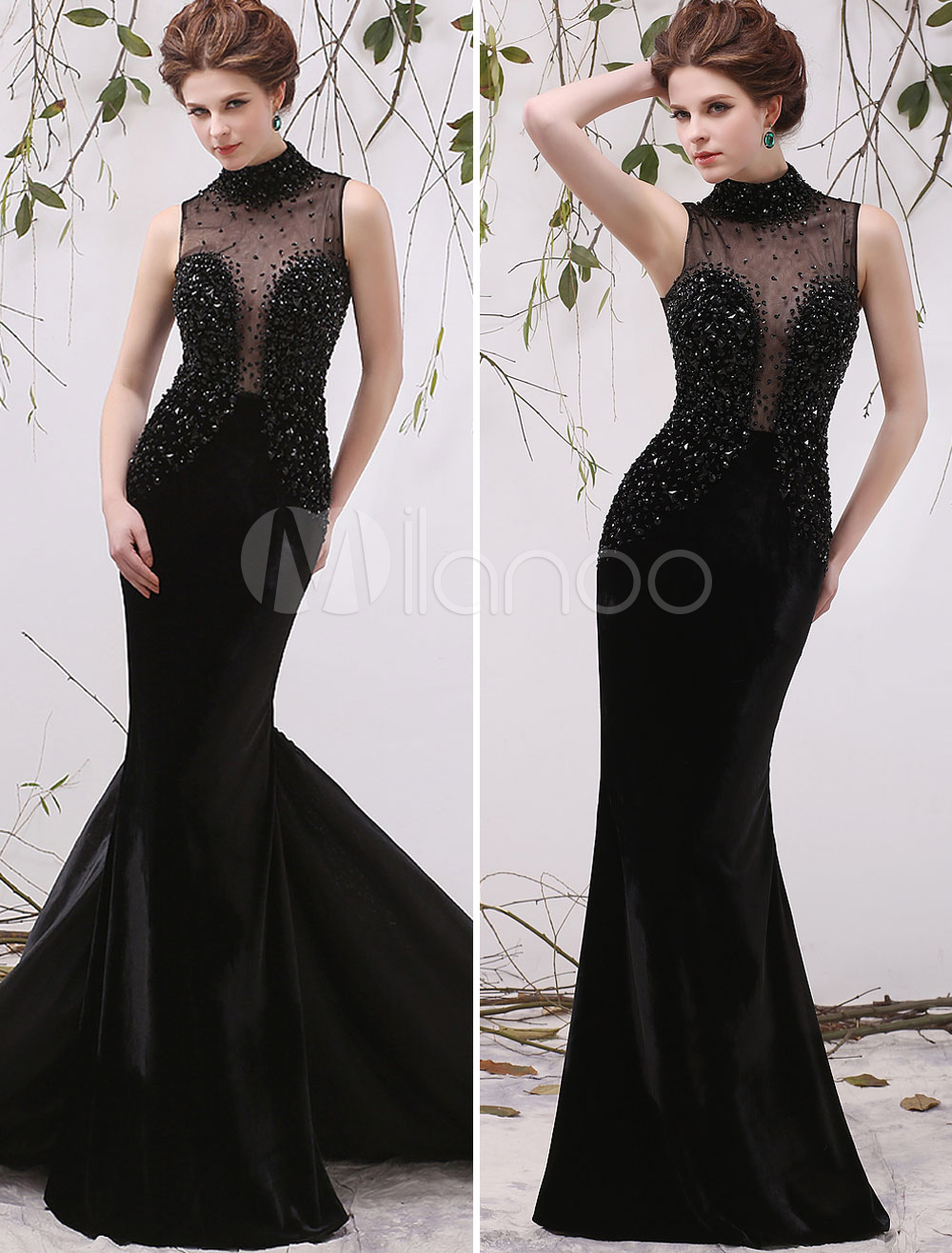 Black Wedding Dress High Collar Beaded Illusion Plug-in Neckline 